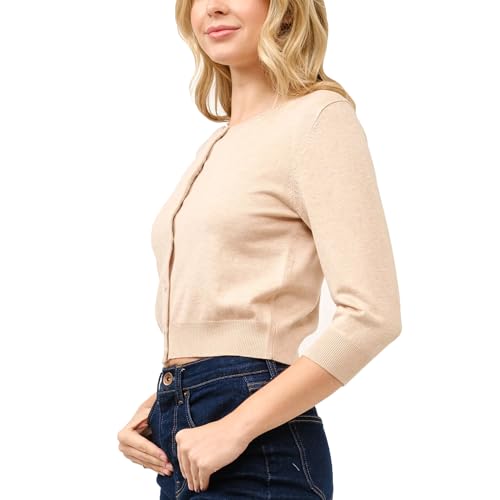 Image of Women's Cropped Cardigan 3 /4 Sleeve Crewneck Button Up Sweater Knit Top (S~XL)