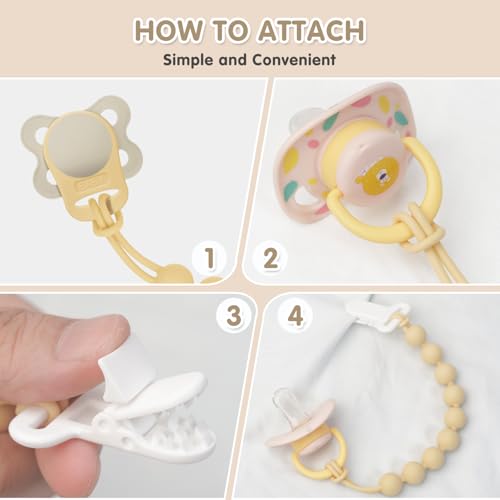 Image of Pacifier Clips Silicone, 4-Pack Pacifier Holder Clip with Stylish Round Design and Adapter Ring for MAM Dummy, 100% Food Grade Silicone, Safe Essentials for Newborns Baby Boys and Girls