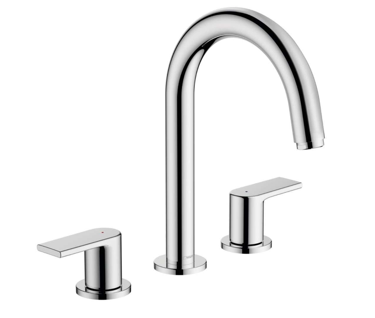hansgrohe 3-Loch Waschtischarmatur Vernis Shape, Wasserhahn Bad mit Auslauf Höhe 150 mm, mit Zugstange, Badarmatur wassersparend, Chrom