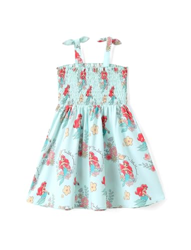 Disney Princess Ariel Toddler Girl Dress Bow Strap Floral Casual Summer Clothes Smocking Beach Holiday Girls Sundress Green 2T