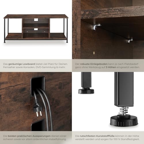 tectake® Industrial Lowboard, TV Ständer Regal, Kommode mit 4 offenen Fächern, 110/120 x 40 x 50,5 cm, Fernsehtisch, TV Board, Wohnzimmer Möbel, Sideboard - 120 cm, Industrial Holz dunkel, rustikal