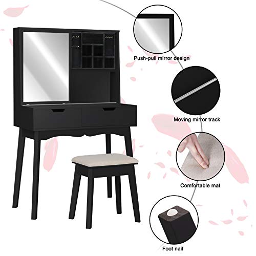 Lynslim Vanity Table Set With Mirror And Makeup Organizer Dressing Table,2 Large Drawers With Sliding Rails,Storage Shelves,Jewelry Box,Cushioned Stool,Makeup Vanity Desk (Black) #TOP7