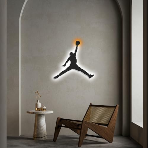 Wita Home Slam Dunk Jordan Jumpman LED Wall Sign Backlit Basketball Player Silhouette with Neon Glow Sport-Themed Light-Up Metal Art for Kids Rooms Man Caves Gift for NBA Lovers (White 17 x 18.5 inches)