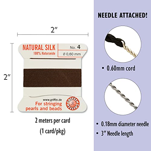Griffin Silk Bead Cord Perlseide – Brown Color – Size 4 (0.60Mm) – 2 Meters Per Card – Stainless Steel Needle Attached – For Knotting Pearls, Gemstones, Crystals And Beads #TOP3