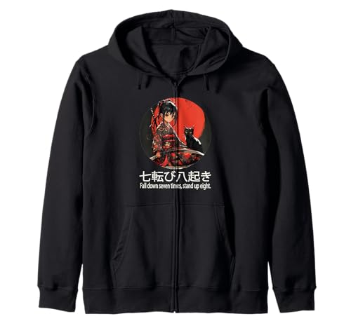 Japonés Samurai Chica con Espada y Kawaii Anime Gato Negro Sudadera con Capucha
