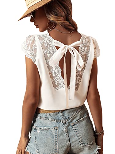 GORGLITTER Bluse Weiß Damen Elegant Kurzarm Blusentop Mit Spitze Bluse...