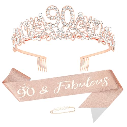 KIUEZIR Set di 90° corona di compleanno e fascia in oro rosa – lega durevole e strass fiori diadema con pettini antiscivolo, fascia glitterata e spilla per decorazioni 90° compleanno