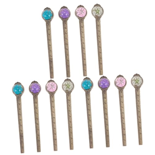 Marque-pages métalliques avec règle et fleurs séchées, lot de 3 ensembles (12 pcs)