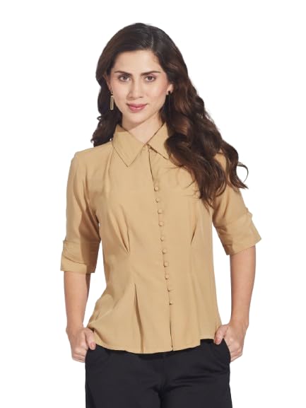 latin quarters Women's Beige Half Sleeves Collared Solid Casual Shirt-picture-11