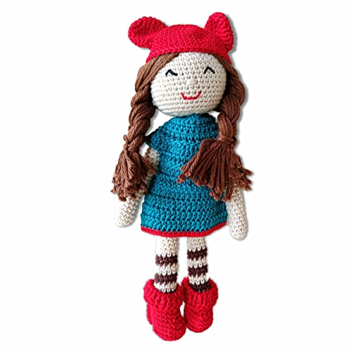 Image of Clapjoy Crochet Handmade Doll Toy with Removable Dress | Soft Cotton Knitted Doll for Girls | Pretend Play, Gift & Room Decor (Blue Dress Doll)