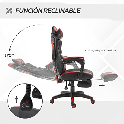 Vinsetto Silla Gaming Ergonómica Silla de Escritorio para Oficina con Altura Ajustable Respaldo Regulable de 170° Almohada Lumbar y Reposapiés Retráctil 65x70x117-125 cm Rojo - imagen 5
