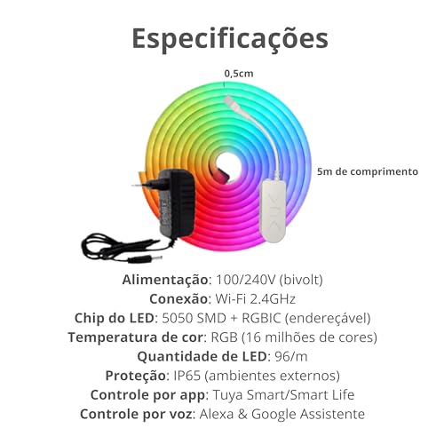 EKAZA Lâmpada Smart Inteligente Dream Color 5 Metros NEON RGB-IC Silicone Wi-Fi compatível com Alexa