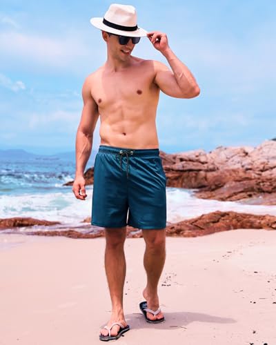 SILKWORLD Mens Swim Trunks with Compression Liner Quick-Dry Swimming Bathing Shorts with Zipper Pockets, Gobain Blue, Large2