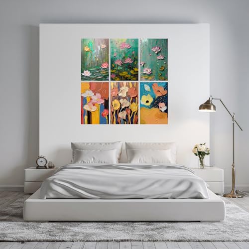 Image of SiddArtify Palette Knife Floral Art Prints Set - Teal Pink and Gold - 300GSM Board - 8x12 Inch - Pack of 6 Wall Room Decoration art Poster Prints