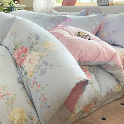 Homxi Juego de Funda Nordica 4 Piezas, 220x240cm, Sabana Encimera 230x250cm, 2 Fundas Almohada, Patrón de Flores, Algodón Suave, Azul Rosa