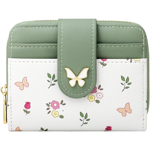 Image of BIAOTIE Wallet for Women Cute Floral Flower Wallet RFID Credit Card Holder Purse Small Bifold Zipper Coin Pocket Purse with ID Windows (Butterfly Green)