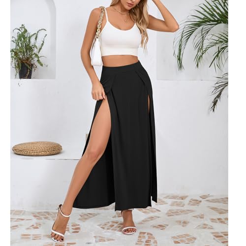 Zando Women's Double Slit Maxi Skirt - High Elastic Waist Flowy Long Split Skirt2