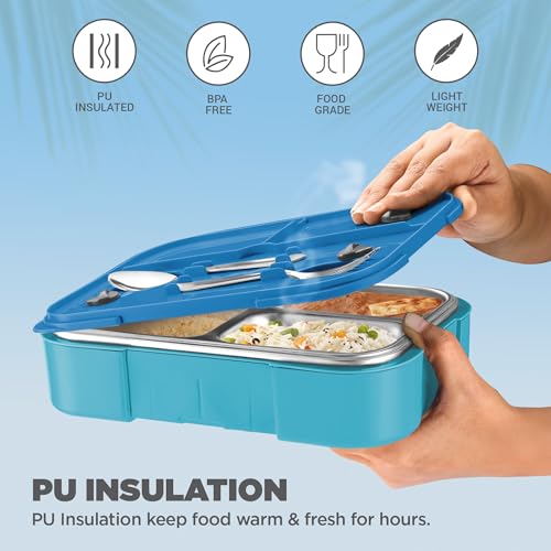 Image of Milton Sports Ethan 3|Mumbai Indians Official Drinkware Licensee|Inner SS Tiffin Box,3 Partition,Steam Release Plug|PU Insulated,Leak-Proof|Lunch Box for Kids,Boys,Girls,Snap Lock Lid|600 ml,Dark Blue