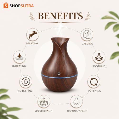 Image of Aroma Diffuser with LED Light - USB Powered Tabletop Mist Humidifier for Desk and Bedside Use (Pot Wood Aroma Diffuser)