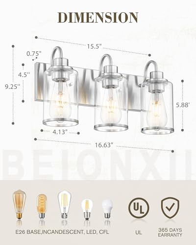Image of Beionxii 3-Light Bathroom Light Fixtures, Brushed Nickel Bathroom Light Fixtures Over Mirror, Bathroom Vanity Light with Clear Glass Shade, Modern Vanity Lighting for LivingRoom Hallway, BX-VL01BN-3CG