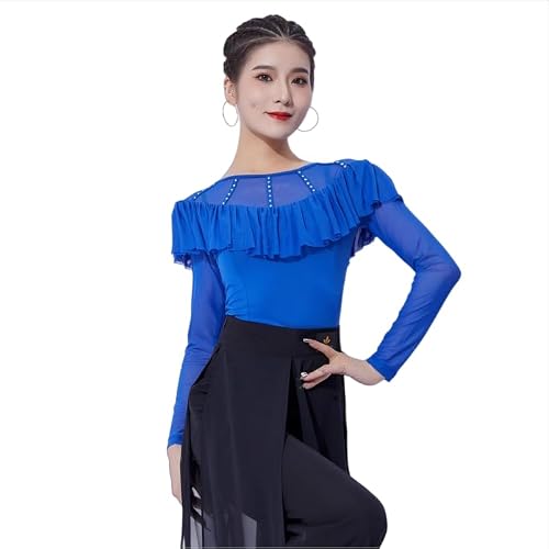 Yhhsgscr Latin Dance Practice Clothing Ruffles Tango Dancewear Medium Sleeve Salsa Cha Cha Performance Tops for Ladies,B,3XL