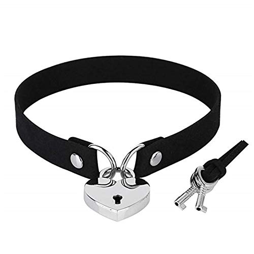 Padlock Choker Collar Necklace Lover Heart Padlock Charms Leather Choker Necklaces Punk Gothic Lock Key Lolita Collar Openable Heart Lock Key Necklaces Goth Jewelry Valentines Couple Gifts-Black