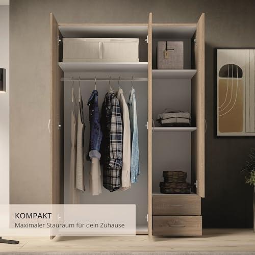 Stella Trading BASE Zeitloser Kleiderschrank in drei verschiedenen Größen - Vielseitiger Drehtürenschrank in Eiche Sonoma Optik - 120 x 177 x 52 cm (B/H/T)