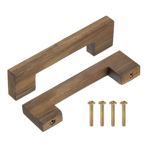 uxcell 4Pcs Wood Drawer Pulls, 4 Inch Hole Center Square Wooden Drawer Pulls Cabinet Handles with Screws for Kitchen Dresser Wardrobes Door Cupboard, Dark Walnut