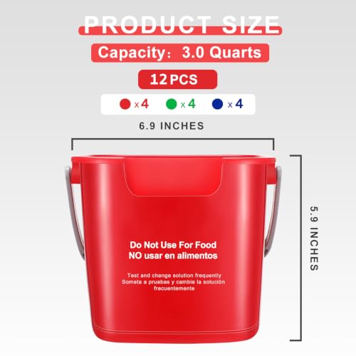 Image of Lallisa 12 Pcs 3 Quart Cleaning Bucket Small Sanitizing Square Bucket Detergent Pail for Home Office Commercial Restaurant Kitchen Bathroom School (Red Green Blue)