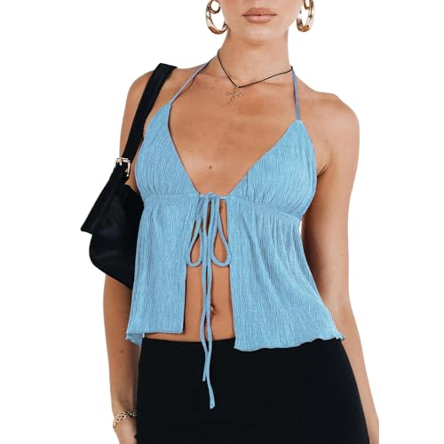 Women Front Tie Top Y2k Halter Neck Flowy Summer Going Out Tank Top Streetwear Blue S