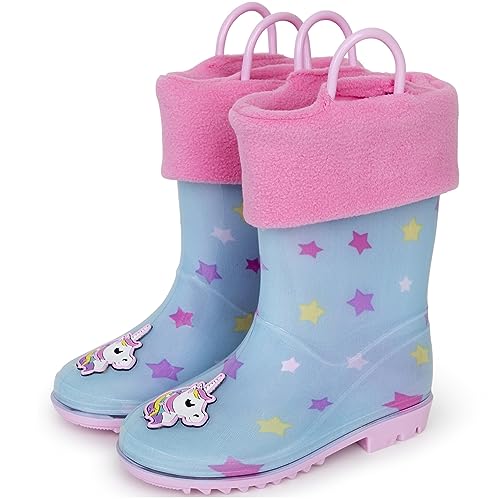 Toddler Rain Boots, Kids Rain Boots Waterproof Rubber Boots for Girls and Boys with Sock, Fun Patterns, Easy-On Handles 8-12