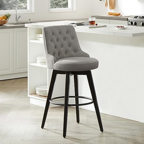Image of Watson & Whitely Swivel Bar Stools with Back, Fabric in Flint Grey | 30 inch H Bar Height Barstools, Set of 2, Solid Wood Legs