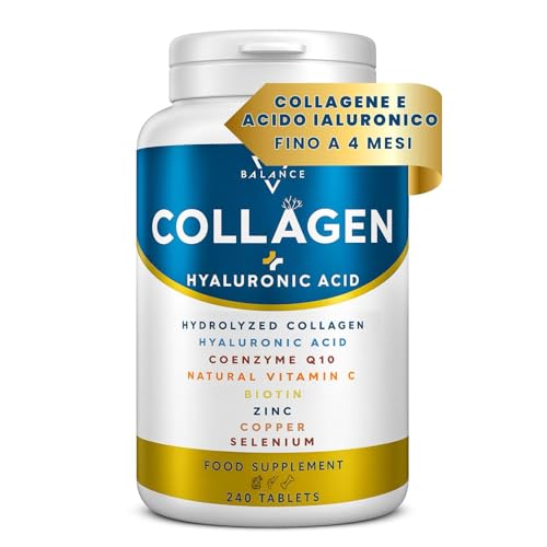 COLLAGENE IDROLIZZATO 2000MG - 240 COMPRESSE | Collagene e Acido Ialuronico, Coenzima Q10, Vitamina C, Biotina e Zinco per Pelle, Ossa e Articolazioni