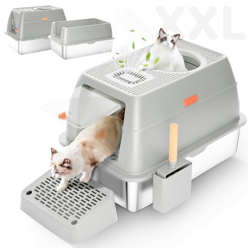 Caja De Arena Para Gatos Extra Grande, De Acero Inoxidable Con Tapa, Paredes Altas De 15 Cm, Antifugas – Ideal Para Gatos Grandes O Que Orinan En Alto