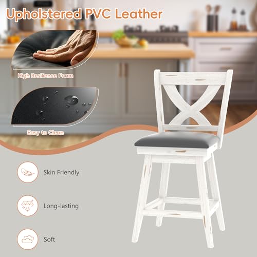 Image of Swivel Barstools Set of 6, 24 Inch Counter Height Kitchen Island Chairs with Back, Upholstered Seat Bar Stool with Solid Wood Legs & Footrest, Counter Stools for Pub, Bar, Restaurant (Antique White)