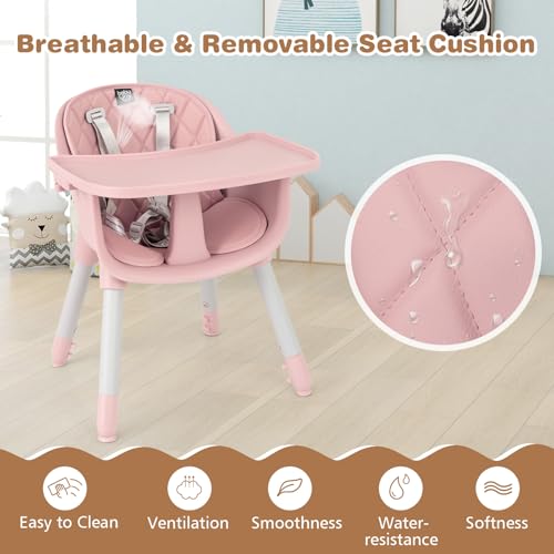 Image of BABY JOY High Chair, 5 in 1 Convertible Highchair for Babies & Toddlers | Booster Seat | Table and Chair Set | Infant Feeding Chair with Removable Tray, Safety Harness, Removable Cushion (Pink)