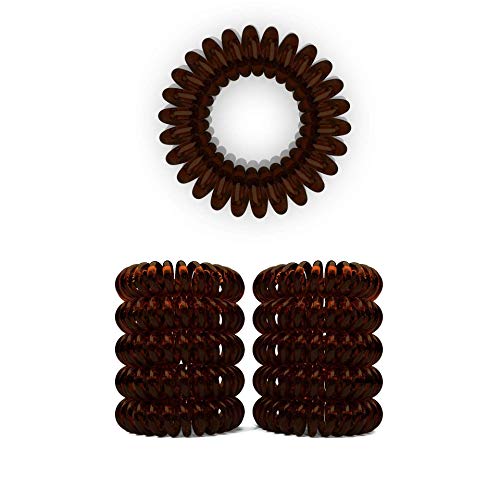 Set de 10 gomas de pelo en espiral - coleteros para menos puntas abiertas y cabellos rotos - gomas para el pelo Espirales para cabello fino - cable de teléfono, marrón, 3.5 cm