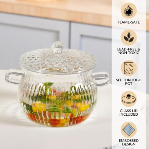 Image of Nestasia Glass Cooking Pot with Lid on Gas Stove (2L) - Transparent Glass Casserole with Handles for Cooking | Microwave & Dishwasher Safe, Lightweight & Durable Glass Cookware