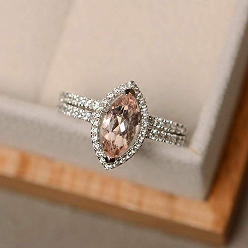 Morganite Engagement Rings Set Sterling Silver Marquise Cut Gemstone Fine Jewelry For Women Size 3-12
