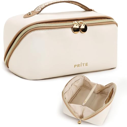Prite Large Capacity Makeup Bag Portable Travel Cosmetic Bag Waterproof Toiletry Case with Clear Divider and Handle (Beige)