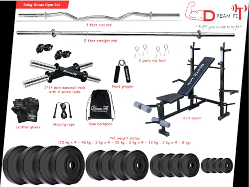Image of DREAM FIT PVC Home Gym Set - 80 Kg with 8in1 Gym Bench, 3 ft Curling Rod, 5 ft Straight Rod, 1 Pair Dumbbell rods and Gym Accessories (80kg)