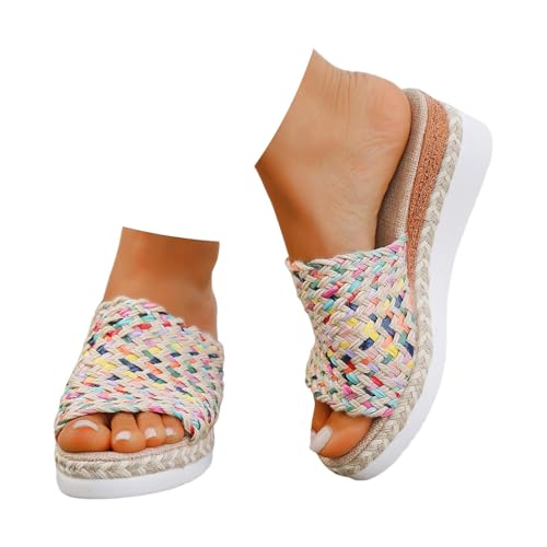 Platform Espadrille Sandals for Women Wedges Slides,Multicolor Sandals for Women,2025 Orthopedic Woven Open Toe Casual Slip on Sandals,Comfortable Wide Width Walking Dress Shoes for Beach Vacation2