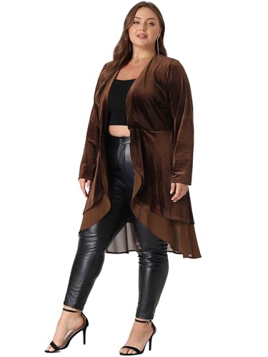 Image of Agnes Orinda Women Plus Size Ruffled Asymmetric Long Velvet Cardigan Jacket | Chiffon Ruffle Splicing Open Front Long Sleeve Irregular Hem Casual Jackets