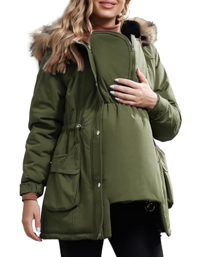 Image of Maacie Maternity Winter Coat,3 In 1 Thickened Jacket,Fleece Lined Warm Hooded Outwear With Pockets