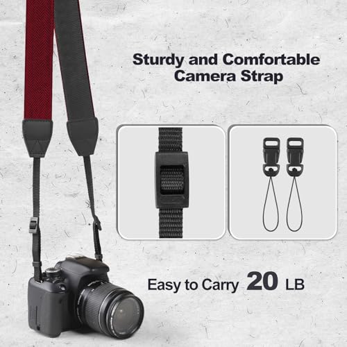 Image of Universal Camera Strap - Camera Neck Strap, Adjustable Shoulder Straps Compatible with Canon, Fujifilm, Nikon, Olympus, Panasonic and other SLR and mirrorless cameras - Red and Black Stripes