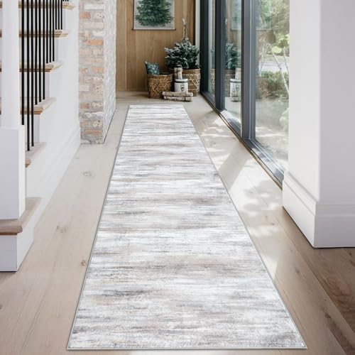 KOZYFLY Modern Abstract Kitchen Runner Rug, 2x12 Washable Rug Runner Non-Slip Soft Striped Hallway Runner Rugs, Beige Print Distressed Carpet Runner for Entryway Bathroom Laundry Room Foyer