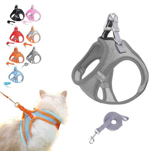 Cat Harness and Leash Set for Outdoor, Harness Adjustable Soft Mesh Vest with Reflective Safety Strips, Cat Vest Shoulder Strap No Choke No Pull (Gray
