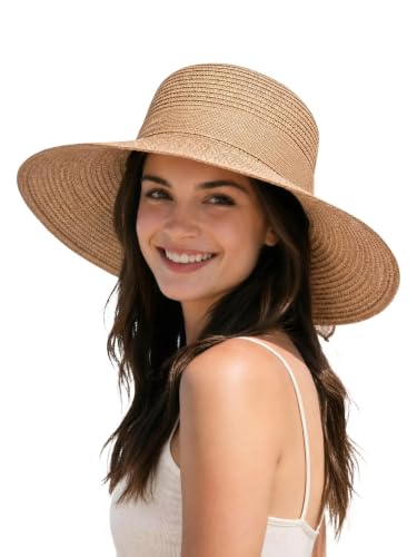 Senker Fashion Sun Hats for Women UV Protection Wide Brim Beach Straw Derby Hat Packable Floppy for Summer Vacation UPF 50+ Khaki