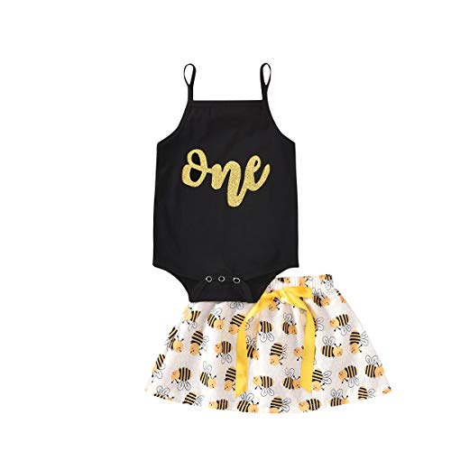 Baby Girl T-Shirt Clothes Wild One Vest and Floral Short Pants Outfits with Bowknot Headband (Black Skirt, 6-12 Months)