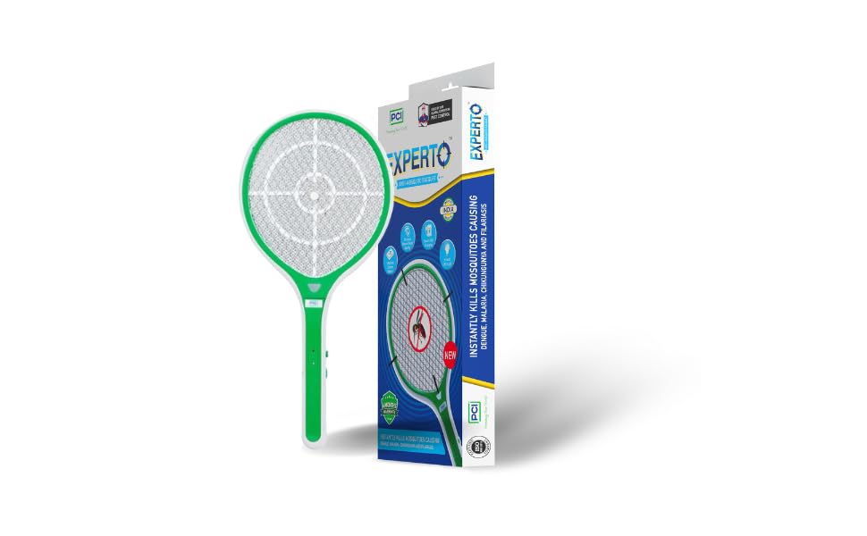 PCI EXPERTO Anti Mosquito Bat | 1200 mAh Lithium-ion | 90 Days Standby | Made in India | Used by Professionals | Rechargeable Instant Insect Killer Electric Racket | LED Light